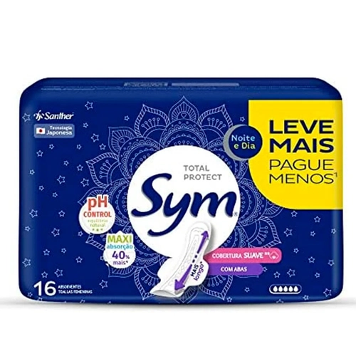 ABSORVENTE SYM NOITE E DIA COM ABAS SUAVE LEVE 16 PAGUE 14 UNIDADES