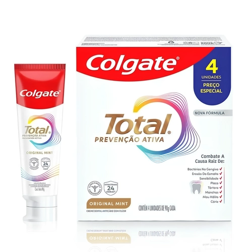 CREME DENTAL COLGATE ORIGINAL MINT TOTAL PREVENÇÃO ATIVA COM 4 UNIDADES 90G