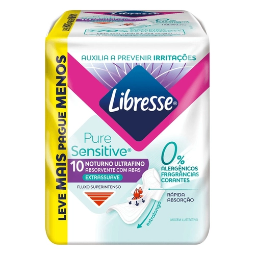 ABSORVENTE NOTURNO LIBRESSE PURE SENSITIVE ULTRAFINO EXTRA SUAVE COM ABAS 10 UNIDADES