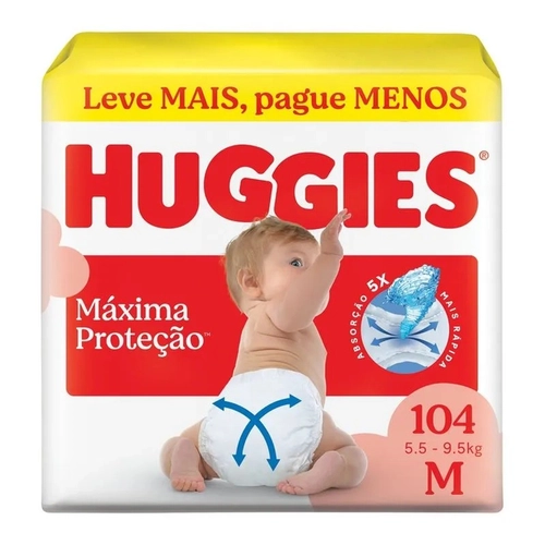 FRALDA HUGGIES MAXIMA PROTECAO MAX M COM 104 UNIDADES