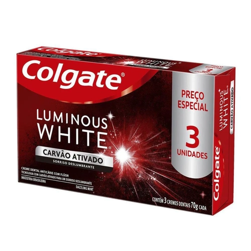 KIT CREME DENTAL COLGATE LUMINOUS WHITE CARVAO ATIVADO COM 3 UNIDADES 70G