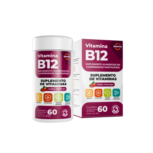 VITAMINA B12 BEMVITA  SABOR MORANGO 60 COMPRIMIDOS MASTIGÁVEIS