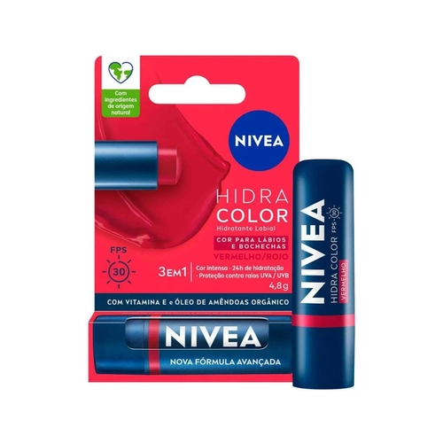Hidratante Labial Nivea Hidra Color 2 em 1 FPS 30 Vermelho 4,8g